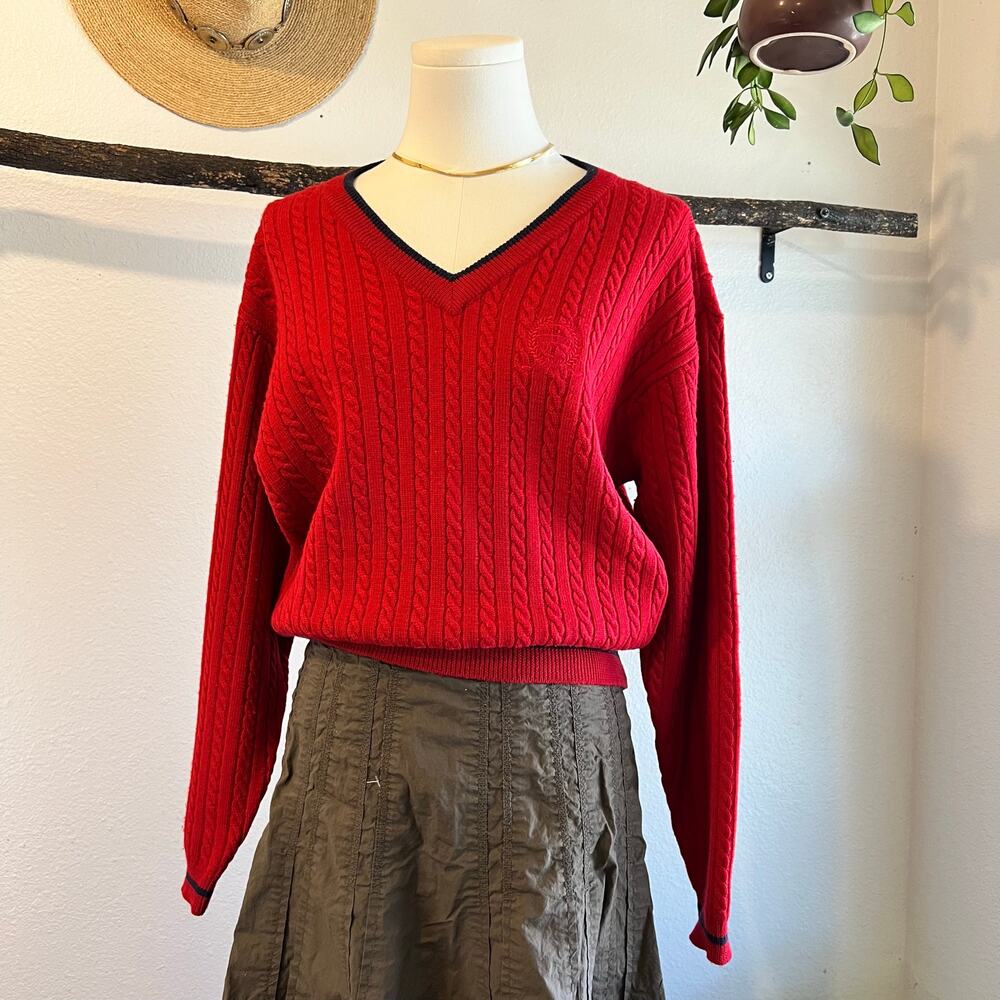 Liz Claiborne 90s Red Cable Knit Woven Merino Wool V Neck Sweater Size Medium